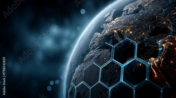 Fototapeta Futuristic Earth Grid with Blue Gradient Background and Illuminated City Nodes