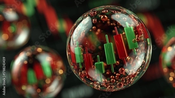 Fototapeta Red and green candlestick charts encased in a floating transparent bubble, symbolizing inflation, speculation, and financial instability.