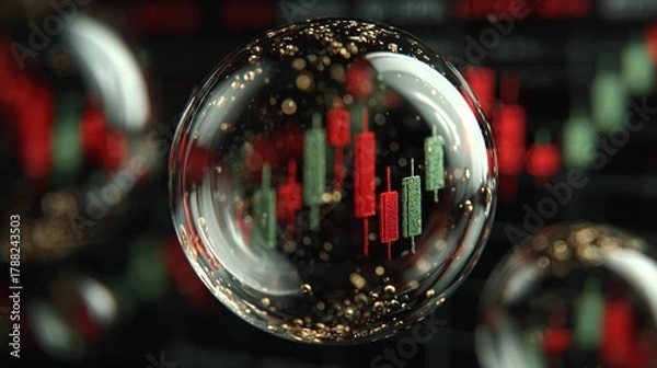 Fototapeta Transparent bubble encases a volatile candlestick chart, symbolizing inflation risk and the fragile nature of economic speculation.