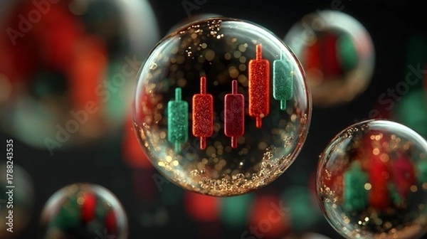 Fototapeta A close-up of red and green candlestick charts floating in a sparkling transparent bubble, symbolizing fragile market speculation and risk.