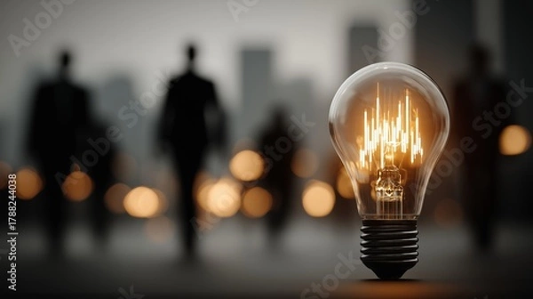 Fototapeta Visionary Insight, A Glowing Light Bulb Ignites Business Ideas Amid Market Charts and Corporate Silhouettes