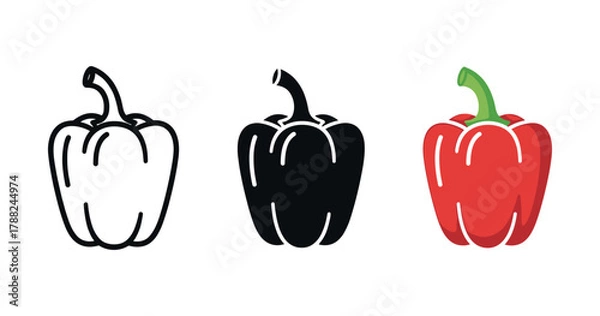 Fototapeta Three bell peppers: outline, silhouette, and colorful red pepper illustration