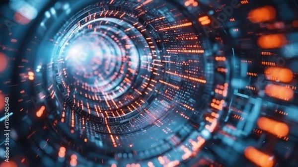 Fototapeta Futuristic Quantum Computer Core with Data Streams in a High-Speed Digital Tunnel of Light and Information