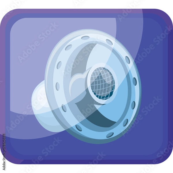 Obraz Stylized blue audio speaker icon with a grid pattern inside the diaphragm set against a rounded square blue background with purple border