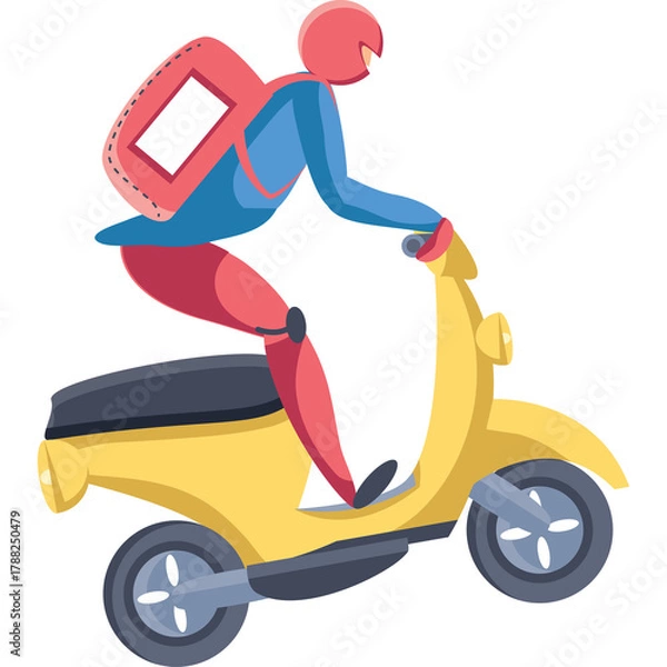 Obraz Stylized Figure Riding a Yellow Scooter with a Red Backpack Delivering Goods on a Transparent Background
