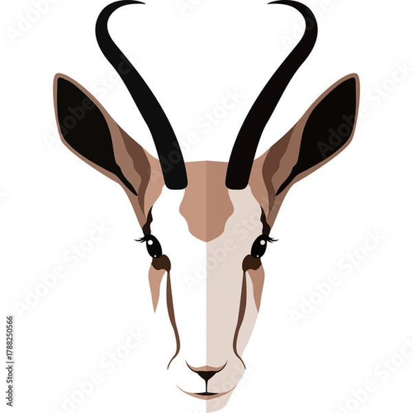 Obraz Stylized geometric illustration of a springbok antelope head with long curved horns and a brown and white face on a transparent background