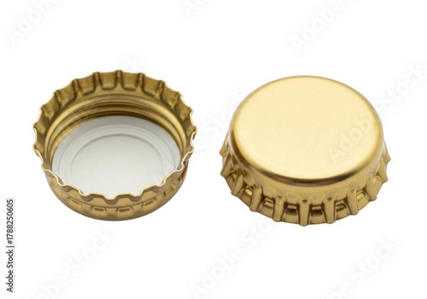 Fototapeta Two golden bottle caps one open and one closed isolated on transparent background