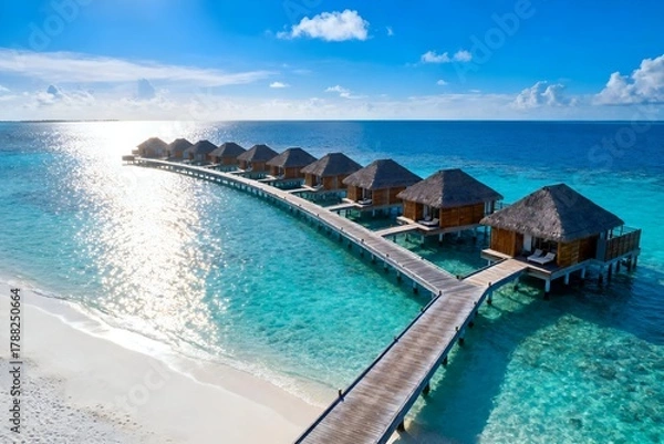Obraz Idyllic Luxury Island Resort with Overwater Huts and Clear Blue Sea