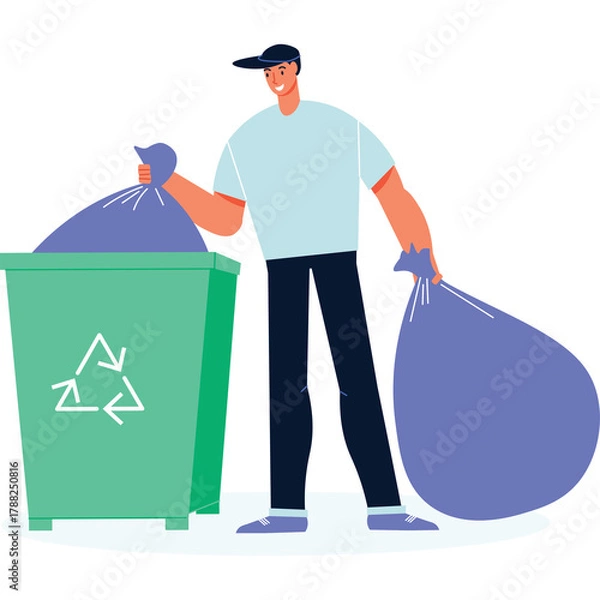 Obraz Smiling Man with Dark Hair Wearing a Light Blue T-Shirt and Dark Pants Carrying Trash Bags Next to a Green Recycling Bin with a White Recycle Symbol on a Transparent Background