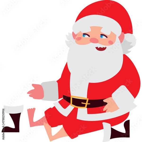 Obraz Smiling Santa Claus Character Dressed in Red Suit and Hat Sitting Down with Boots Nearby Christmas Festive Atmosphere White Background Isolated Graphic