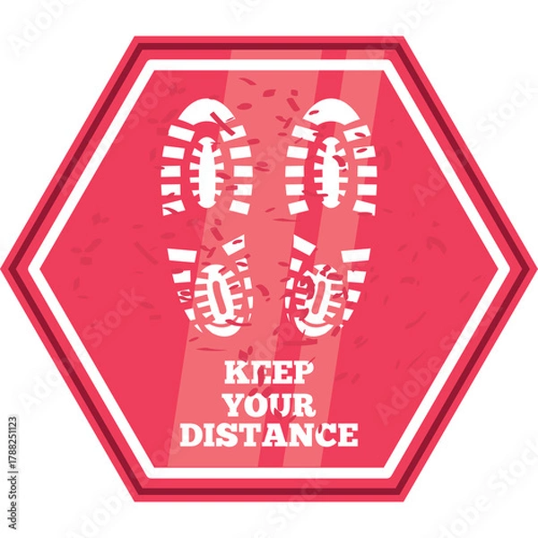 Obraz Social Distancing Floor Sticker with Footprints and Keep Your Distance Text in Vibrant Red Hexagonal Shape with Transparent Background