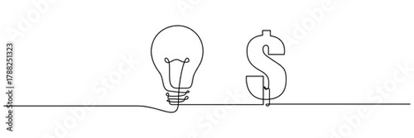 Fototapeta Continuous one line drawing of electric light bulb with dollar sign vector illustration. Isolated on transparent background