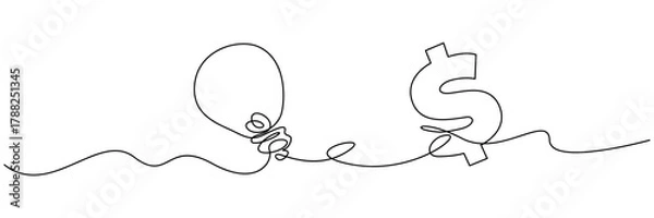 Fototapeta Continuous one line drawing of electric light bulb with dollar sign vector illustration. Isolated on transparent background