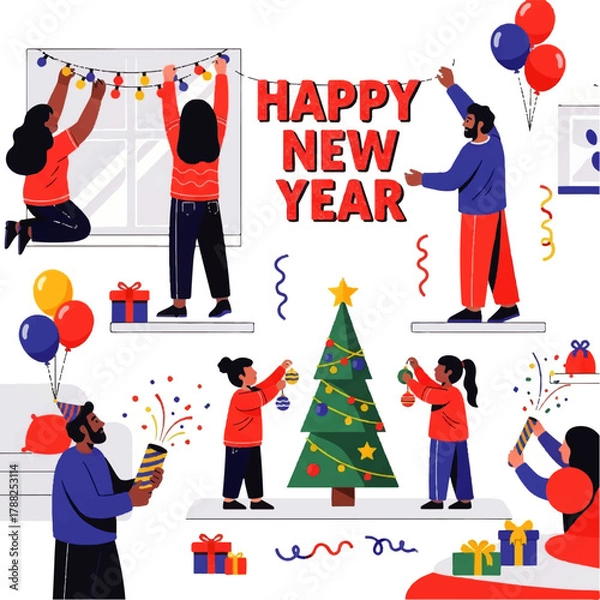 Obraz Happy New Year Celebration Family Decorating Christmas Tree.