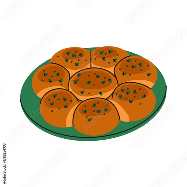 Fototapeta Vector bun or baked pies with onion and egg. Pastry meal or bakery dish. Ukrainian food with crust or Slavic homemade stuffed nutrient. Oven cuisine on plate. Gastronomy and culinary, cooking sign.