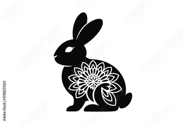 Fototapeta Black silhouette of a rabbit with a white floral mandala design on its body bunny