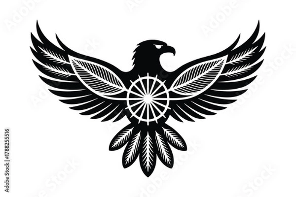 Fototapeta Silhouette Black eagle with outstretched wings and feathered details centered on a white background