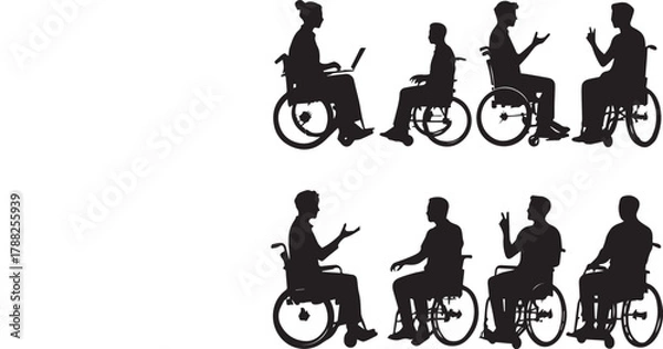 Obraz Silhouettes of people interacting with wheelchair users in inclusive black and white illustration style