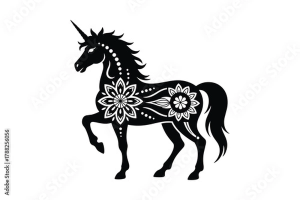 Fototapeta Black silhouette unicorn with white floral ornaments and dots on white background vector
