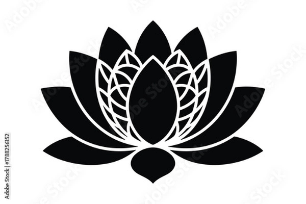 Fototapeta Black silhouette of a stylized lotus flower with intricate petal details on a white background