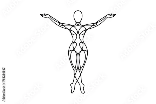 Fototapeta Silhouette Black line art abstract human figure in dance pose with outstretched arms and legs on white background