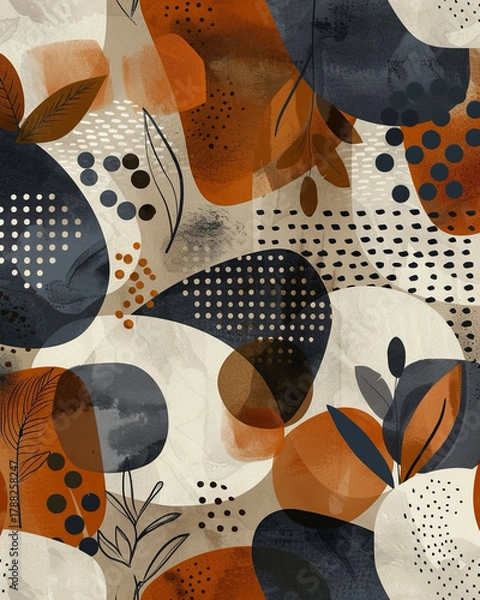 Fototapeta abstract coffee-colored forms with leaf motifs, overlapping ochre and charcoal stains, dotted textures and subtle