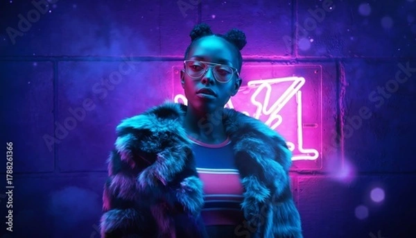 Fototapeta Stylish young woman in a fur coat and cool sunglasses poses in front of a vibrant pink neon arrow sign on a brick wall, capturing an urban nightlife fashion scene with moody lighting and bokeh effects