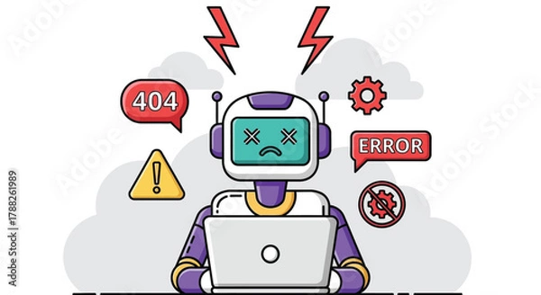 Fototapeta Vector illustration of robot with laptop showing error messages and 404 symbol