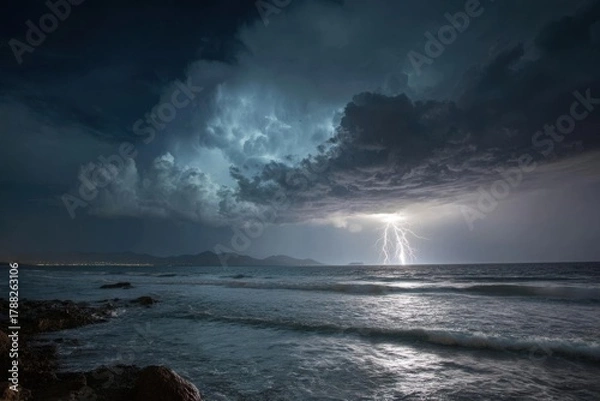 Obraz Dramatic Coastal Scene - Lightning Strikes Over Ocean Waters.