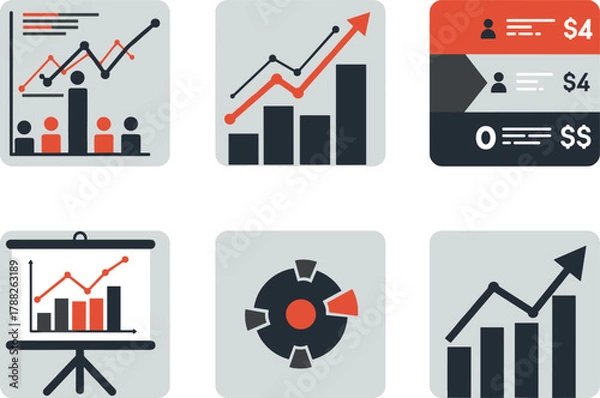Fototapeta Business analytics icons, bar chart, line graph, pie chart, financial comparison, data presentation, growth metrics, vector set illustration