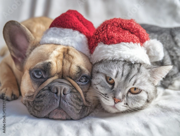 Obraz a photorealistic french bulldog and scottish fold cat both wearing Santa hats, lying down together cuddling, peaceful and cozy, isolated white background, close-up intimate shot, macro photography