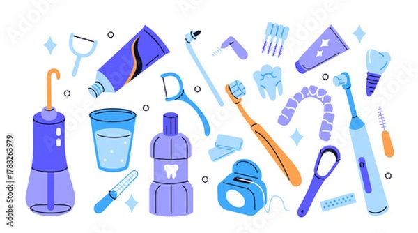Fototapeta Oral hygiene and dental care vector illustration set. Collection of toothpaste, mouthwash, interdental brushes, tongue cleaner, electric toothbrush, irrigator and other tools for healthy teeth.

