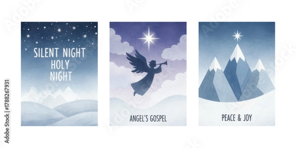 Obraz Christmas-themed cards with serene snowy landscapes and angelic figures