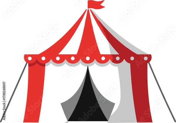 Fototapeta Red and white circus tent illustration with flag on top, festival carnival design, entertainment event, isolated on white background, vector art