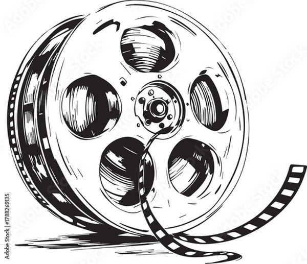 Obraz Film reel with unwinding strip and visible frames illustrated in black and white sketch style on white background