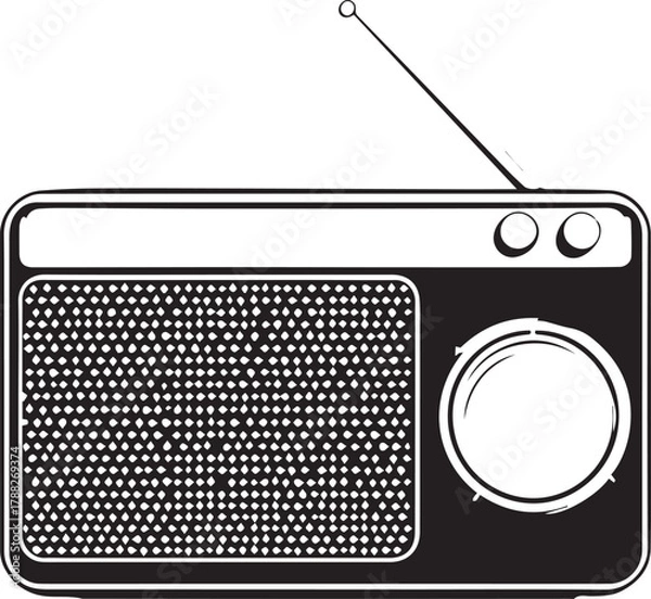 Obraz Vintage portable radio silhouette with speaker grille, tuning dial, and antenna isolated on white background