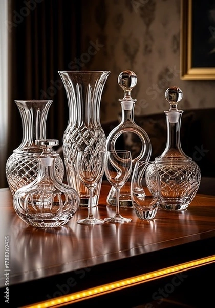 Fototapeta Elegant crystal glassware ensemble on a polished wooden surface tabletop