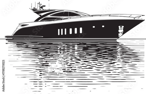 Fototapeta Luxury Yacht Black and White Illustration,
Modern Motorboat Vector on Water,
Elegant Yacht Silhouette Reflection Design