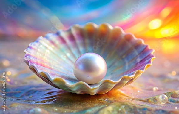 Fototapeta Pearl in a seashell on a sandy beach
