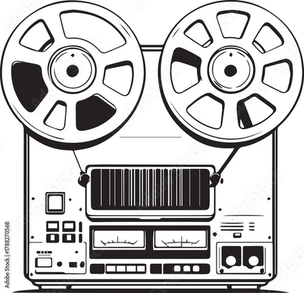 Obraz Reel-to-reel tape recorder silhouette — black and white illustration of vintage audio device with dual reels and control panel