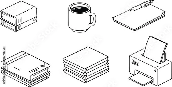 Fototapeta Workspace icons, binder, coffee mug, paper stack, books, sticky notes, printer, study tools, office items, vector illustration