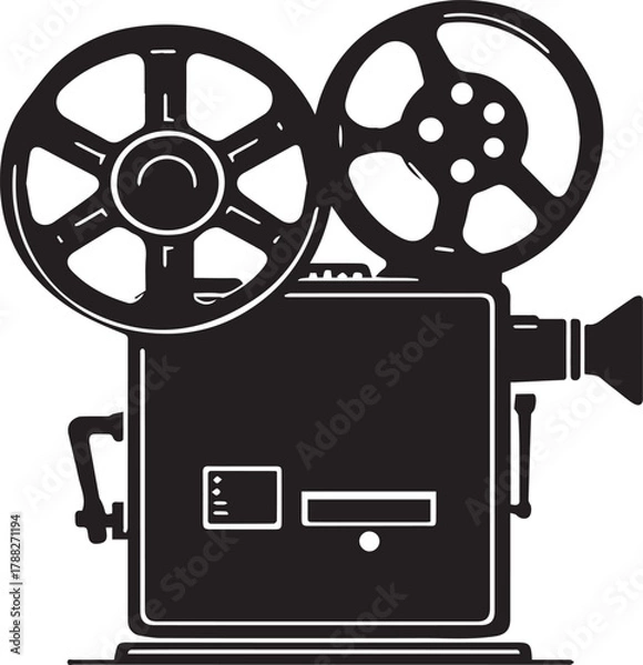 Obraz Vintage film projector silhouette — black and white illustration of analog movie device with dual reels and lens detail