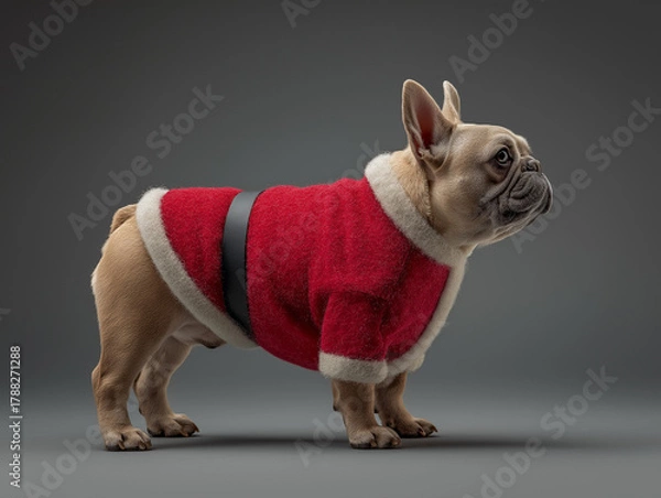 Obraz a photorealistic french bulldog in complete Santa costume, standing on all fours, side profile view, cute wrinkled face, isolated gray background, soft studio lighting, commercial photography style