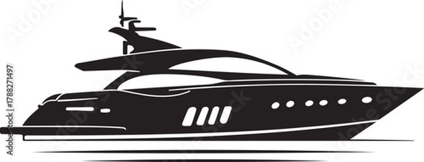 Fototapeta Luxury Yacht Black and White Illustration,
Modern Motorboat Vector on Water,
Elegant Yacht Silhouette Reflection Design