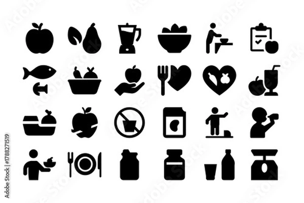 Fototapeta Silhouette Nutrition and Diet Icon Set. Healthy Food, Fruits, Vegetables, Juices, and More. Vector Illustration. Editable Stroke.