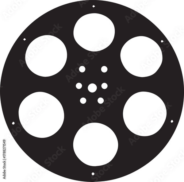 Obraz Film reel or gear plate silhouette — black and white illustration of circular object with symmetrical holes and mechanical design