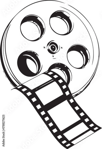 Obraz Film reel with unwinding strip — black and white illustration of analog movie reel and motion picture film with sprocket holes