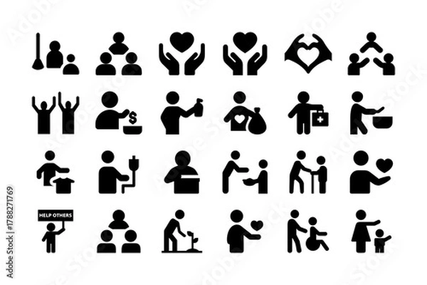 Fototapeta Silhouette Volunteer Icon Set. Charity, Health, Healthcare, Donation, Helping Hands, Help, and More. Vector Illustration. Editable Stroke.