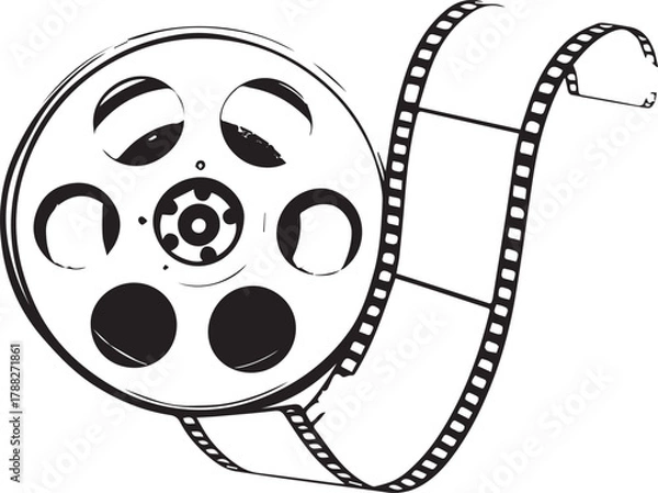 Obraz Film reel with unwinding strip — black and white illustration of cinematic reel and flowing filmstrip symbolizing motion and media