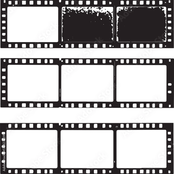 Obraz Film strip silhouette set — black and white illustration of three horizontal negatives with blank and exposed textured frames